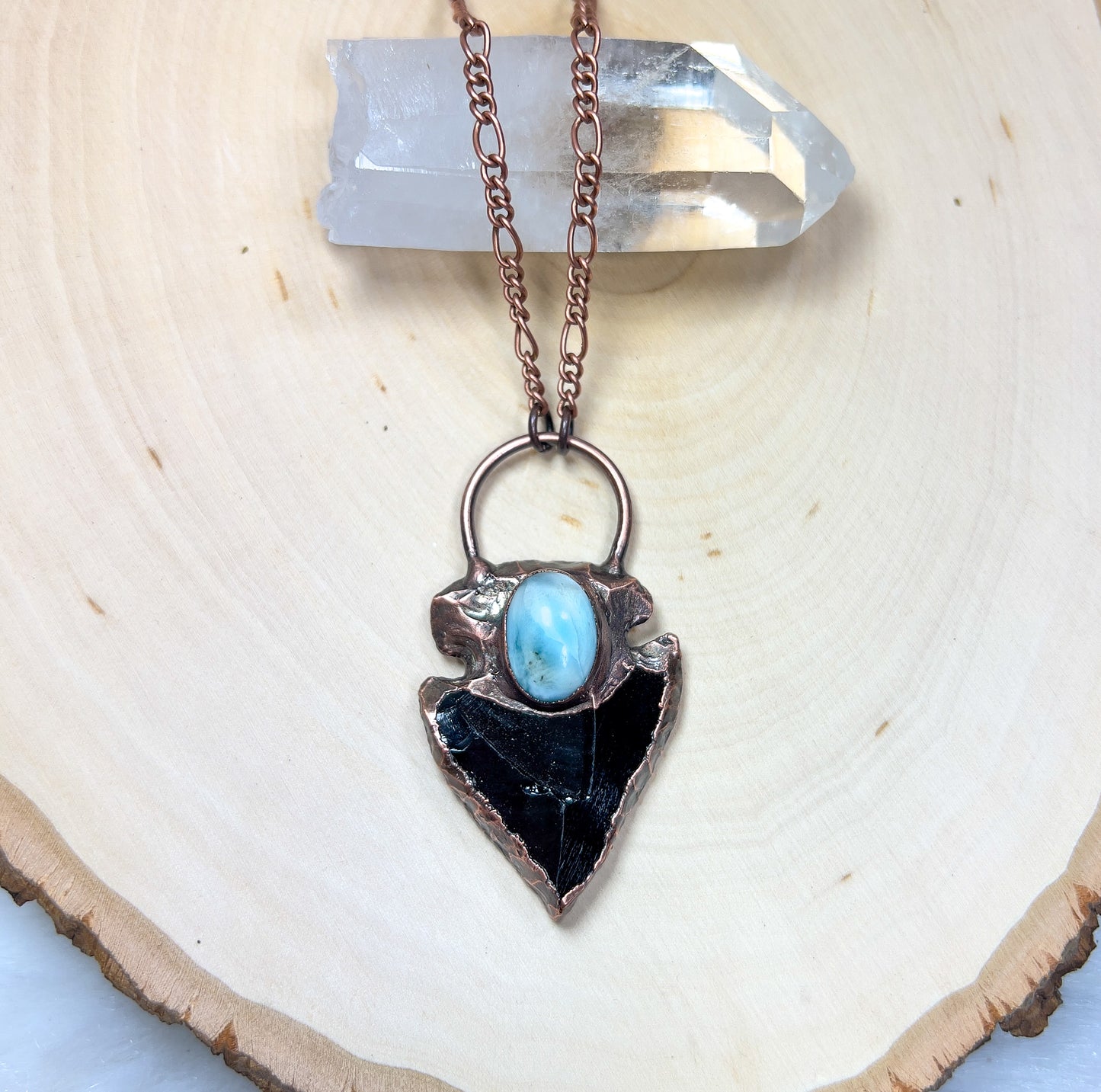 Larimar + Obsidian Arrowhead Necklace (Small)