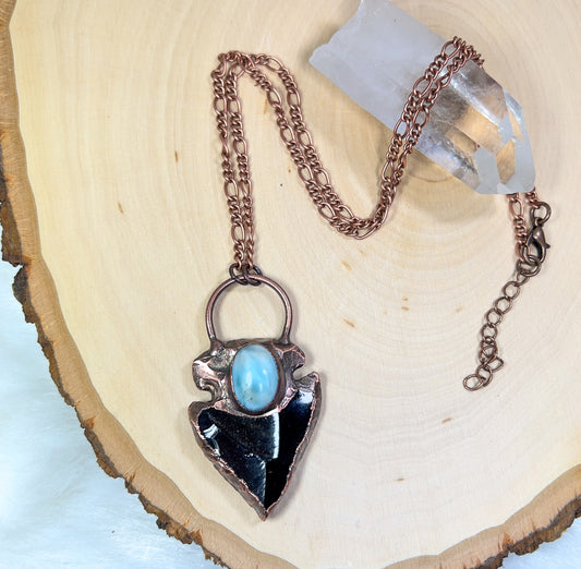 Larimar + Obsidian Arrowhead Necklace (Small)