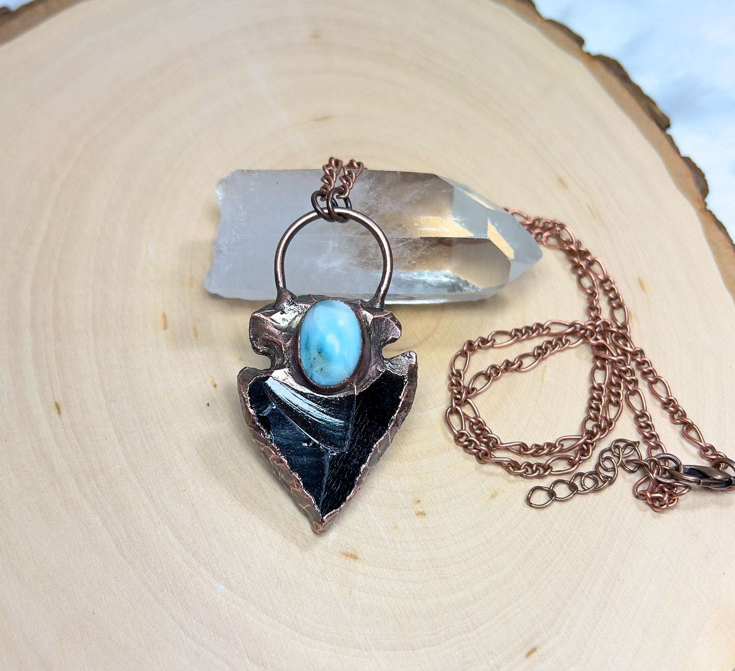 Larimar + Obsidian Arrowhead Necklace (Small)