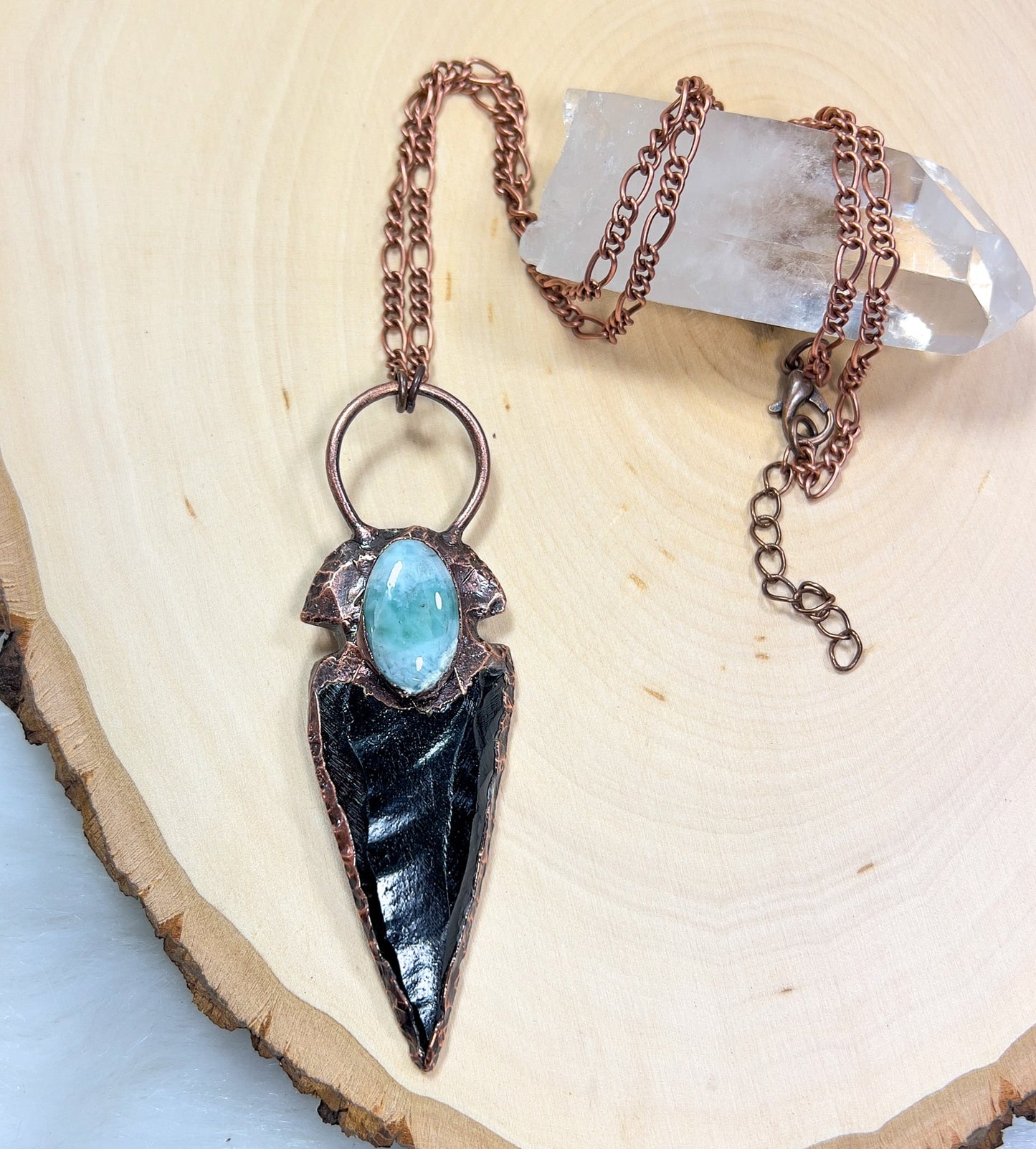 Larimar + Obsidian Arrowhead Necklace (Large)